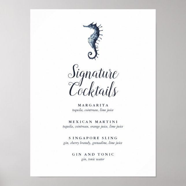 Affiche L'hippocampe bleu | Signature Menu Cocktail Signe (Devant)