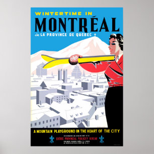Affiche L'hiver à Montréal, femme avec équipement de ski