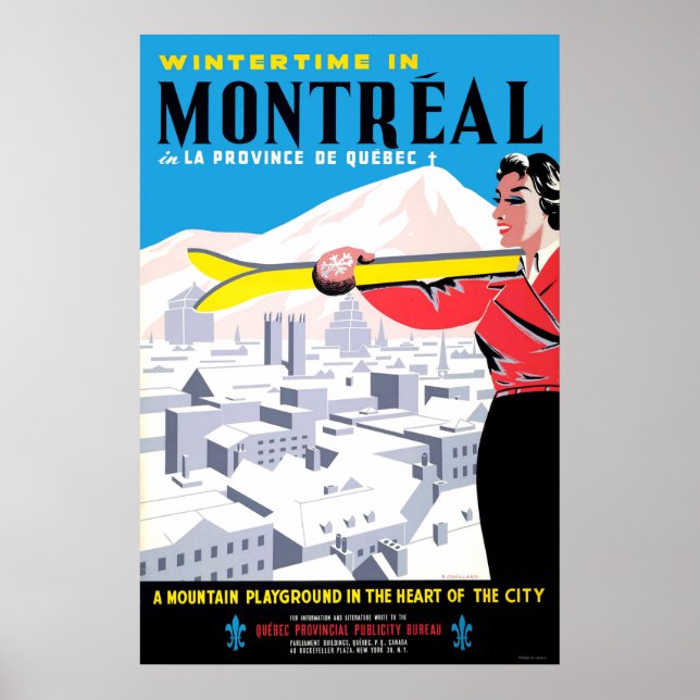 Affiche L'hiver à Montréal, femme avec équipement de ski (Devant)