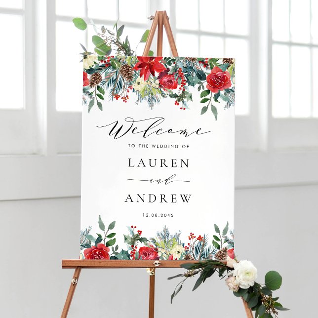 Affiche L'hiver fleurit Floral Garlands Mariage (Customizable festive floral wedding welcome sign featuring watercolor winter flowers and greenery)