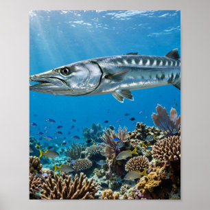 Affiche L'homme de Floride Barracuda Récif de Corail Pêche