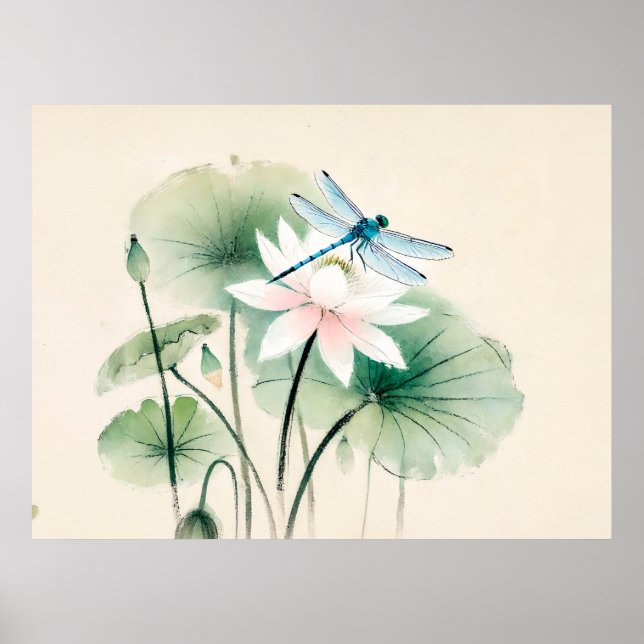 Affiche Libellule à l'encre chinoise sur lotus (Devant)