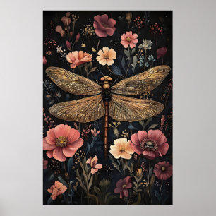 Affiche Libellule Dans Un Jardin De Fleurs Sombres, Libell