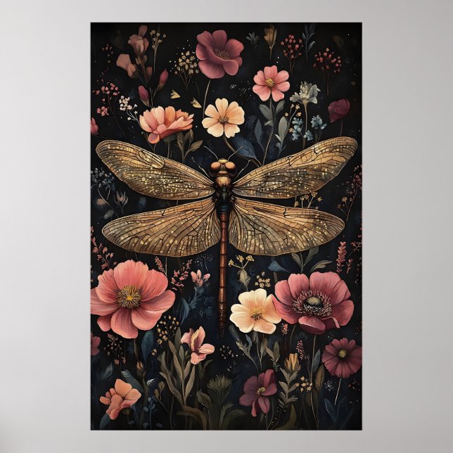 Affiche Libellule Dans Un Jardin De Fleurs Sombres, Libell (Devant)