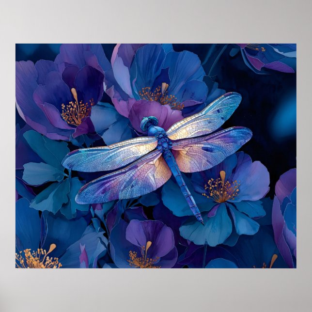 Affiche Libellule iridescente Fleurs colorées (Devant)
