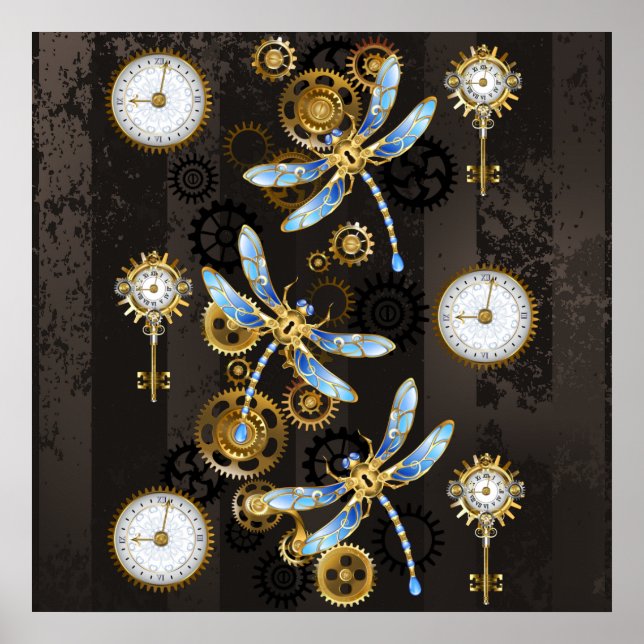 Affiche Libellules Steampunk sur fond brun rayé (Devant)