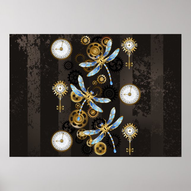 Affiche Libellules Steampunk sur fond brun rayé (Devant)