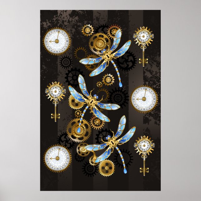 Affiche Libellules Steampunk sur fond brun rayé (Devant)