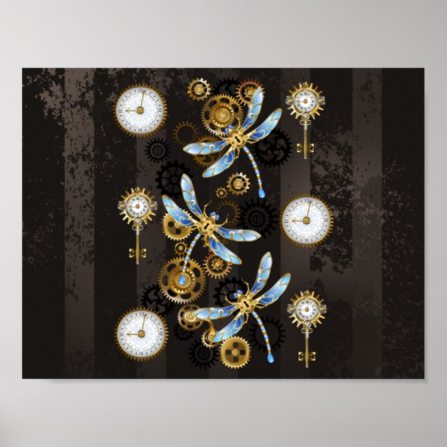 Affiche Libellules Steampunk sur fond brun rayé (Devant)