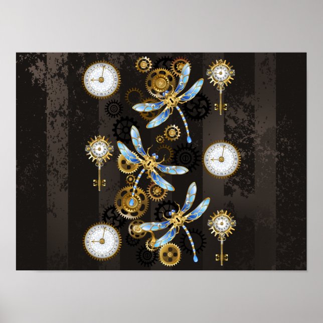 Affiche Libellules Steampunk sur fond rayé marron (Devant)