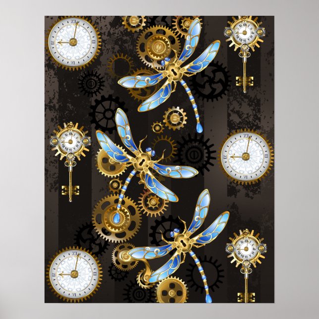 Affiche Libellules Steampunk sur fond rayé marron (Devant)