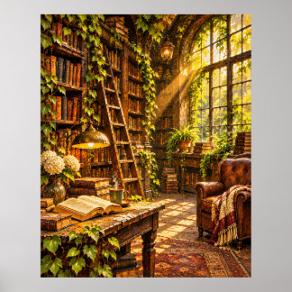 Affiche Librairie Abandonnée - Lumière Matinale Dorée