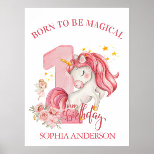 Affiche Licorne 1er Anniversaire Fille Rose