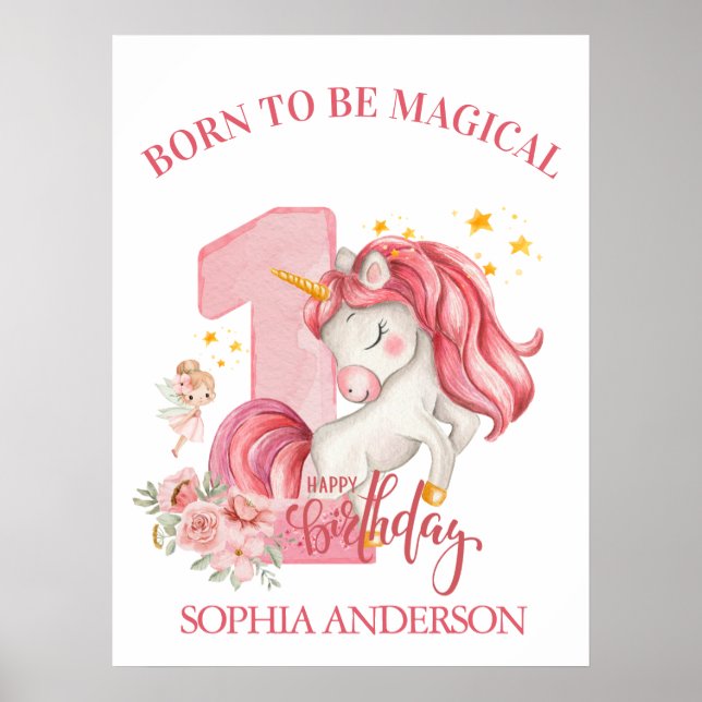 Affiche Licorne 1er Anniversaire Fille Rose (Devant)