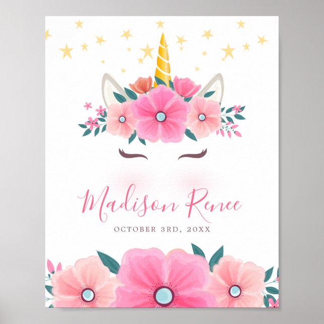 Affiche Licorne au visage floral étoilé aquarelle bébé (Devant)
