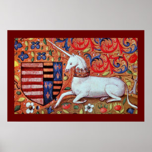 AFFICHE LICORNE AVEC MOTIFS FLORAUX ROUGES BLEUS