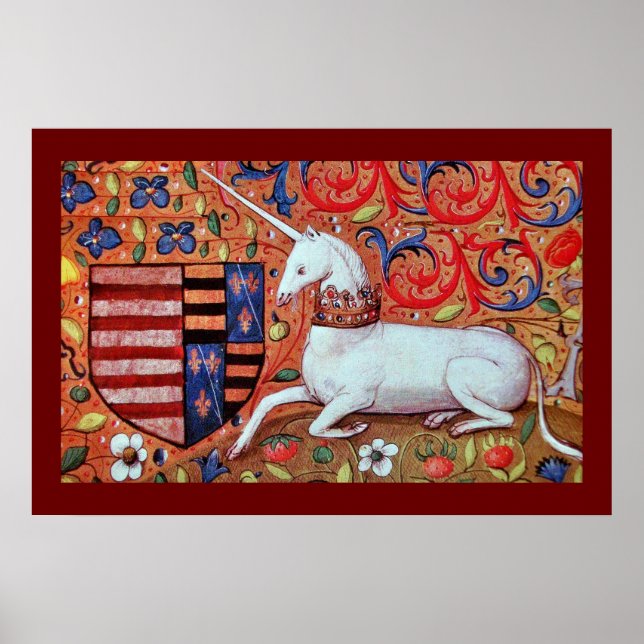 AFFICHE LICORNE AVEC MOTIFS FLORAUX ROUGES BLEUS (Devant)