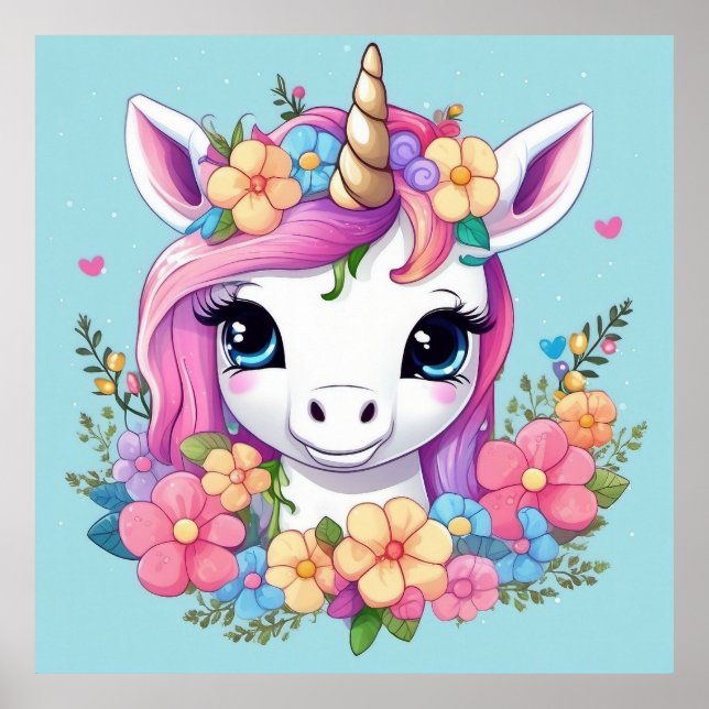 Affiche Licorne Bébé Magique avec des Fleurs (Devant)