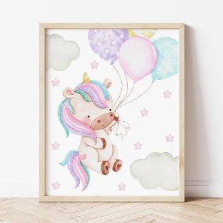 Affiche Licorne Colorée, Ballons, Étoiles, Chambre de Fill
