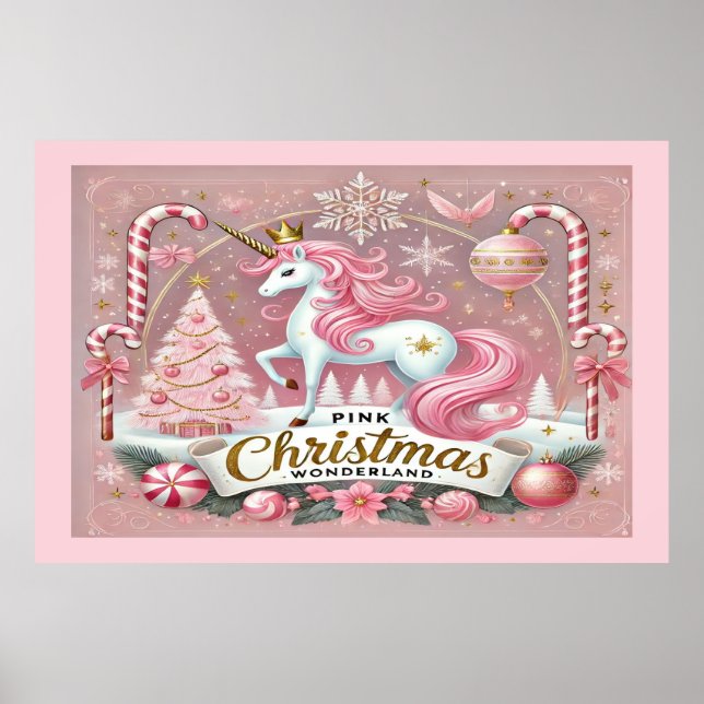 Affiche Licorne de Noël Rose Wonderland  (Devant)
