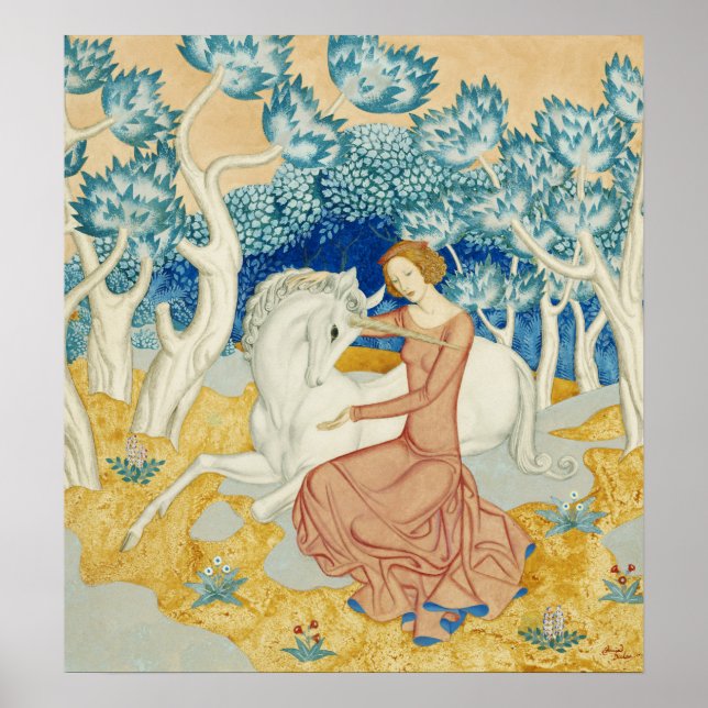 Affiche Licorne et jeune fille de la forêt bleue fantaisis (Devant)