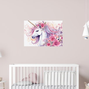 Affiche Licorne Florale Aquarelle Rose Clair