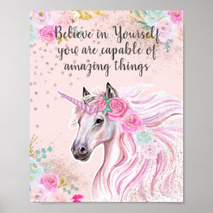 Affiche Licorne Magique Crois en Toi Rose Or