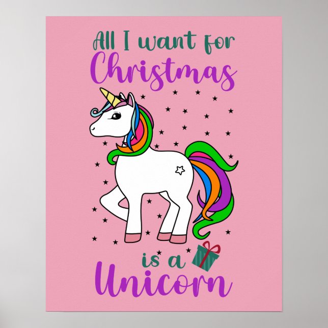 Affiche Licorne Magique de Noël Arc-en-ciel Vert Violet (Devant)