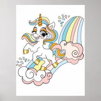 Affiche Licorne mignonne sur un arc-en-ciel