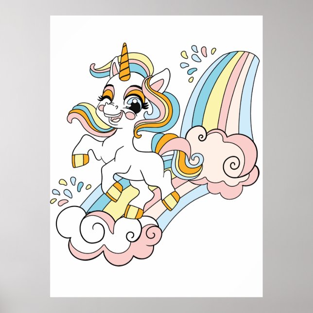 Affiche Licorne mignonne sur un arc-en-ciel (Devant)