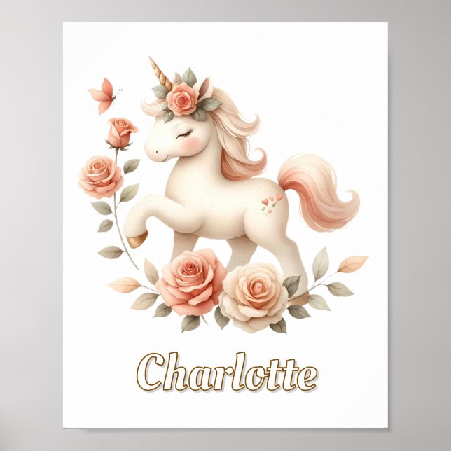 Affiche Licorne pastel fantaisiste avec des roses (Devant)
