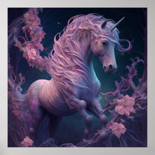 Affiche Licorne rose et lilas dans une forêt fleurie