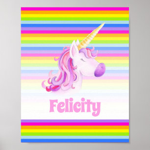 Affiche Licorne rose et rayures arc-en-ciel nom personnali