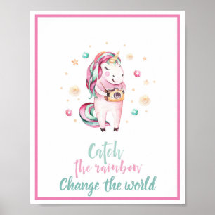 Affiche Licorne Rose Inspirante Attrape l'Arc-en-Ciel