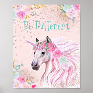 Affiche Licorne Rose Turquoise Floral Paillettes Or Glam