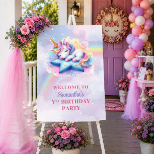 Affiche Licorne Rose Violet Fille Anniversaire Bienvenue P