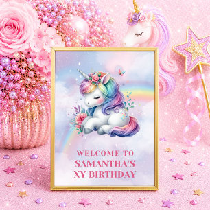 Affiche Licorne Rose Violet Rêveuse Bienvenue Anniversaire