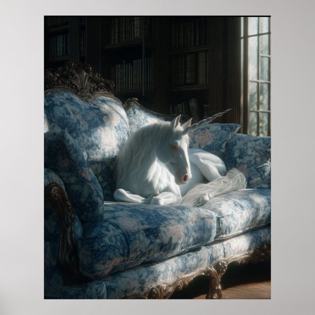 Affiche Licorne se reposant sur un canapé floral (Devant)