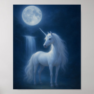 Affiche Licorne sous la lumière lunaire mystique & Cascade