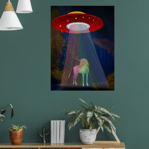Affiche Licorne sous un faisceau d'arc-en-ciel d'OVNI la n