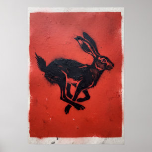 Affiche Lièvre noir linogravure rouge Art populaire