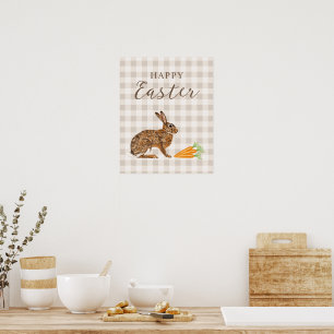 Affiche Lièvre rustique et carottes Joyeuses Pâques Gingha