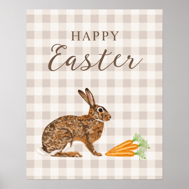 Affiche Lièvre rustique et carottes Joyeuses Pâques Gingha (Devant)