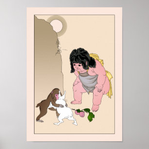 Affiche Lièvres et singe luttant par Yoshitoshi