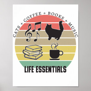 Affiche Life Essentials Cats, Coffee, Books, Music Vintage