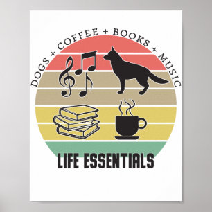 Affiche Life Essentials Chiens, Café, Livres, Musique Vint