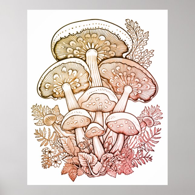 Affiche Light Brown Mushrooms on White Background on Wall (Devant)