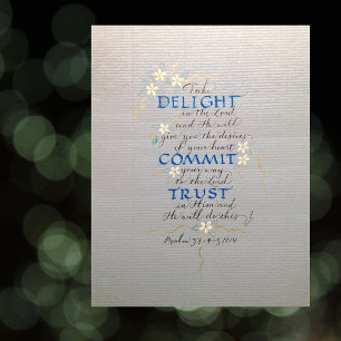 AFFICHE LIGHT, COMMIT, TRUST, PSALM 37 CALLIGRAPHIE BLUES