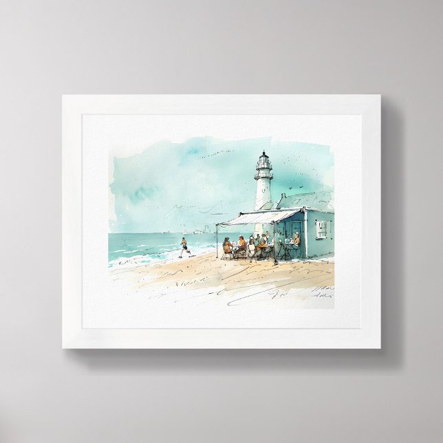 Affiche Lighthouse Beach Café – Nautical Sketch Watercolor (Créateur téléchargé)