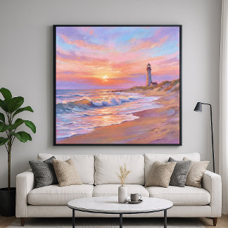Affiche Lighthouse Shore Sunset - Pastel Painting Style